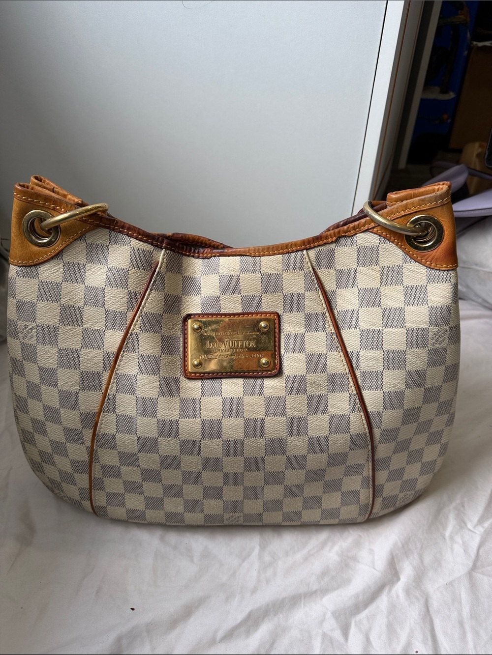 Louis Vuitton Damier Azur Canvas Shoulder Bag in Ivory & Tan Leather Trim